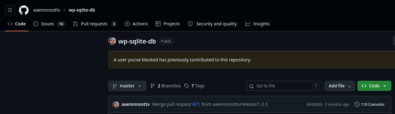A screenshot from the github project of wp-sqlite-db, former SQLite Integration plugin by Kojima Toshiyasu, showing that it was edited by the claude bot.