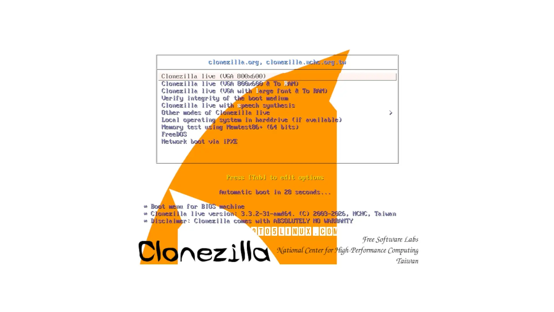A screenshot of the boot menu of Clonezilla Live 3.3.2.
