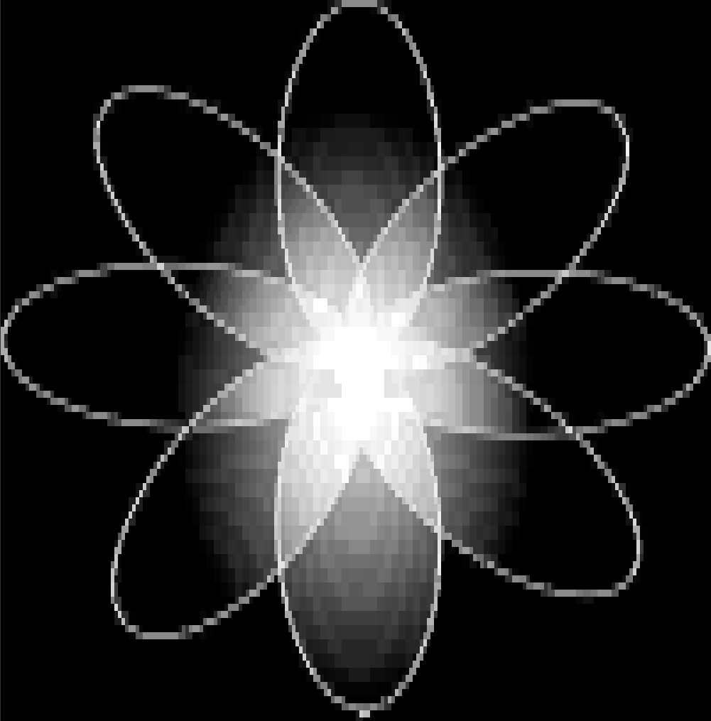 A terminal screen showing a greyscale image with visible pixelation. The original image can be seen: it's a cloud of eight red bordered transparent filled ovals arranged in a flower pattern. There is a red gradient pushing from solid red to full transparent from the center to the edges.