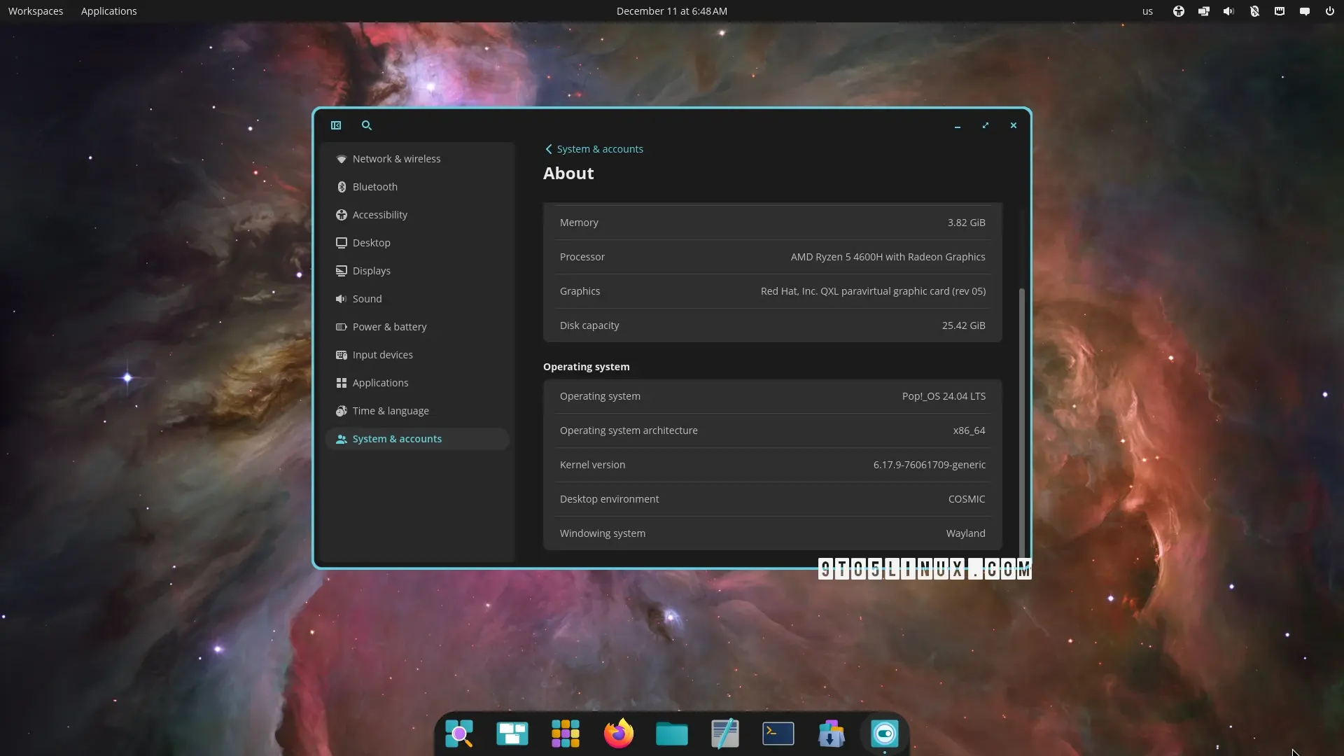 A screenshot of the COSMIC desktop enviornment showing the COSMIC Settings application.