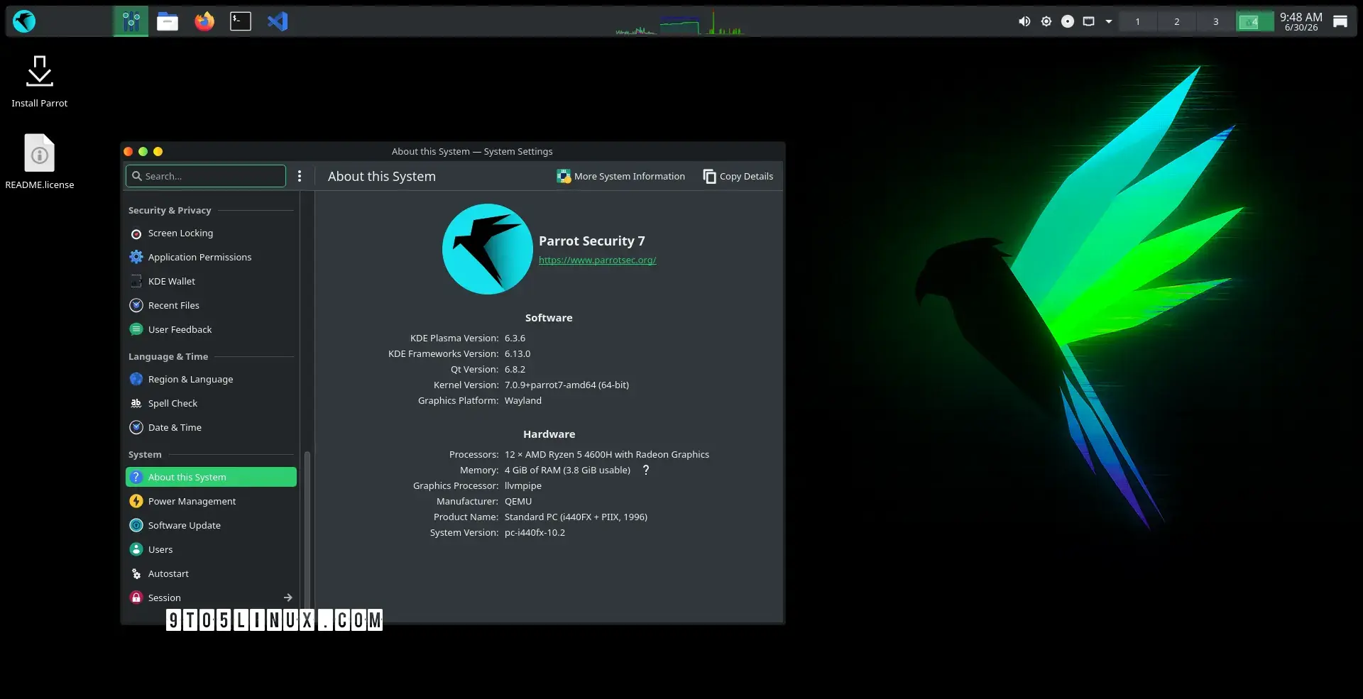 A screenshot of  ParrotOS 7.3 with the KDE Plasma desktop environment showing the System Settings app.