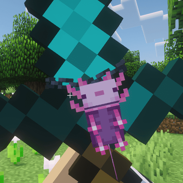 A decorative axolotl charm is hanging from a diamond sword in Minecraft.