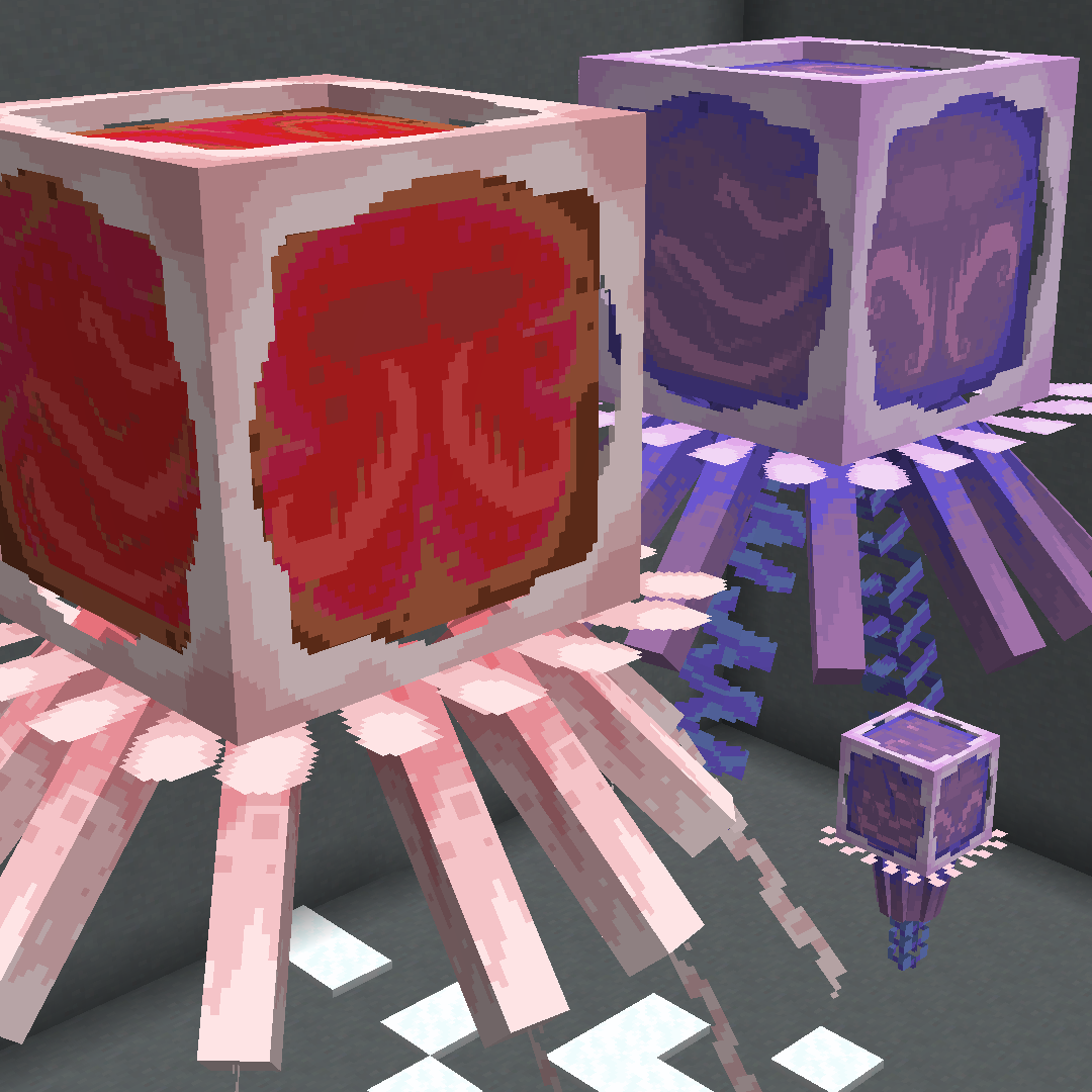 A Minecraft screenshot showcasing Ghasts that look like large, creepy jellyfish.