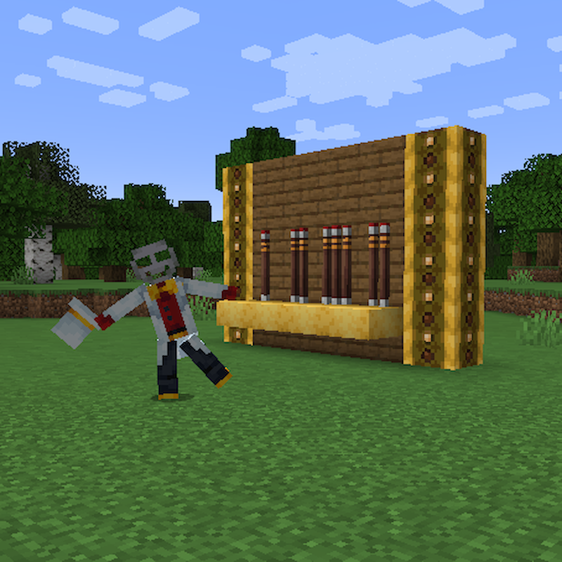 A Minecraft screenshot showing a skeleton in a suit doing a dance while holding a top hat in front of a rack of cue sticks.