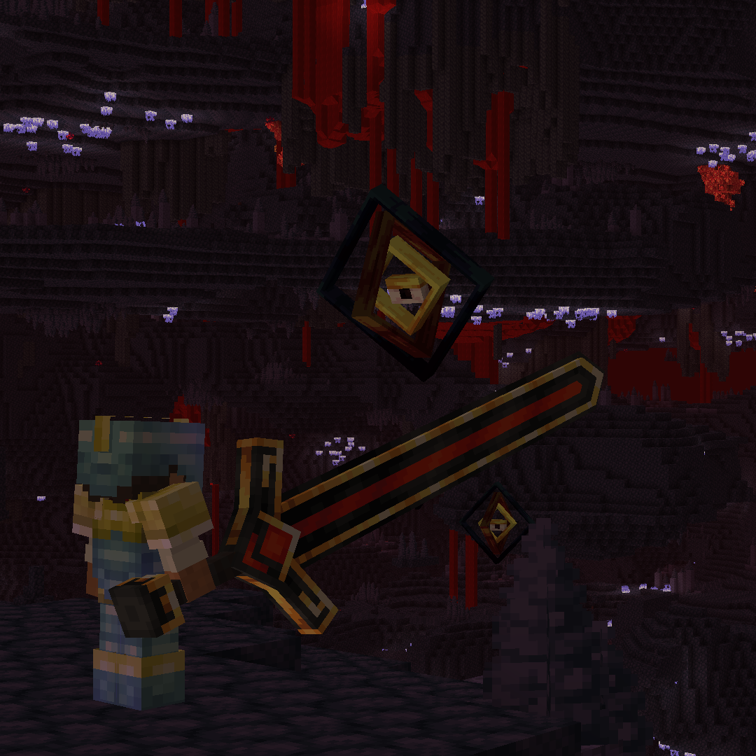 A Minecraft player holding a large red black and gold sword while floating eyes watch.