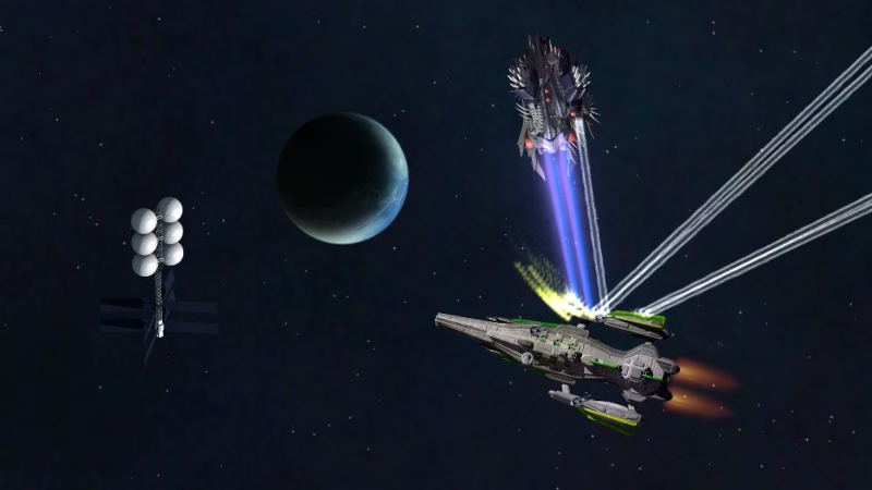 🕶️ A top view (taken from the website) of a menacing-looking ship (covered in spikes) firing at another ship near a space station and a blue planet.

📚️ Endless Sky is a libre, multi-platform, real-time 2D space combat and trading game similar to the classic Escape Velocity series where the player explores star systems, earns money from trading, carrying passengers or completing missions. This money allows him to improve his ship or to buy another one, and also allowing him to be better able to face pirates who will not fail to approach him.