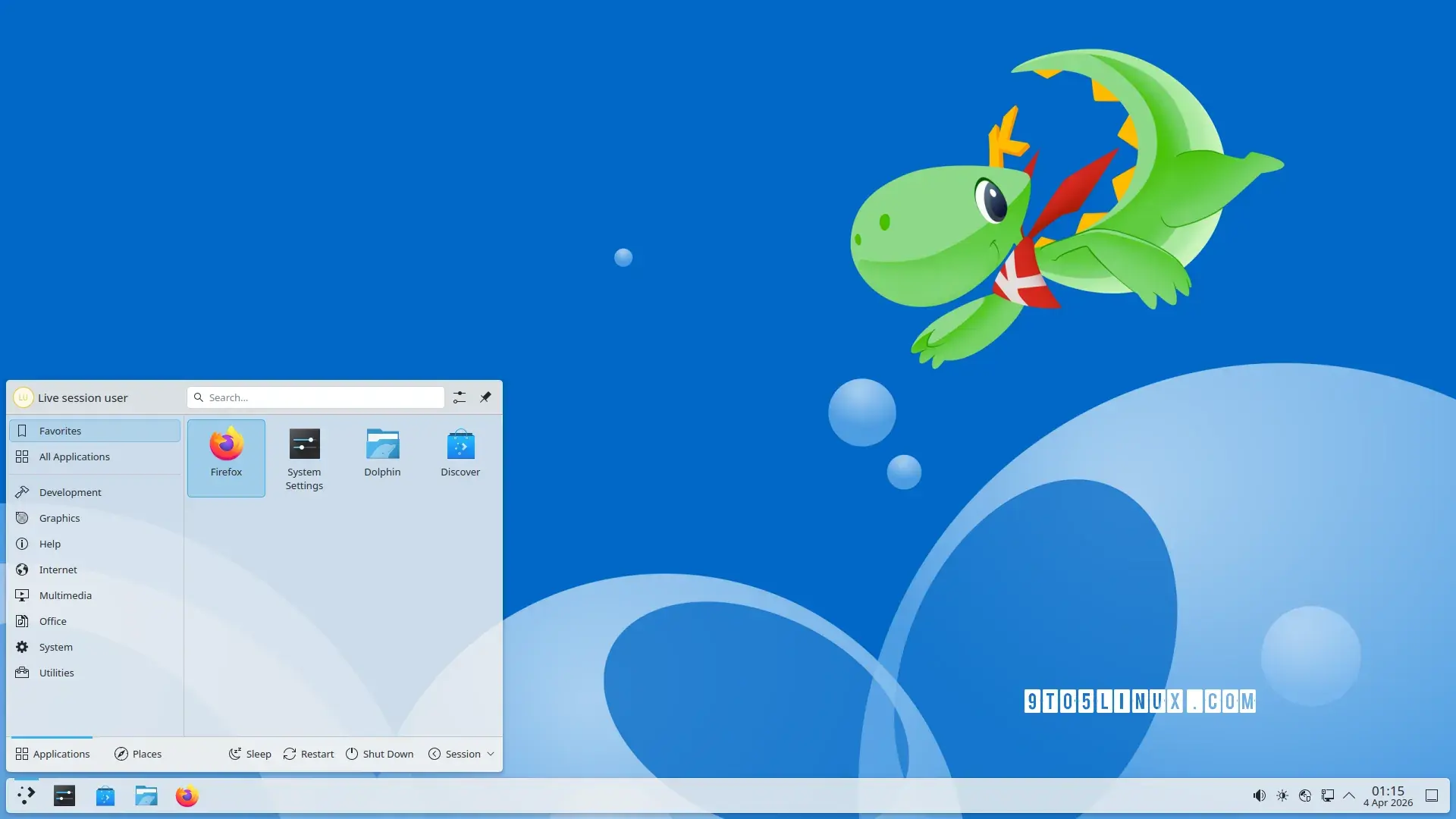 A screenshot of the KDE Plasma desktop environment showing the Kickoff application menu.