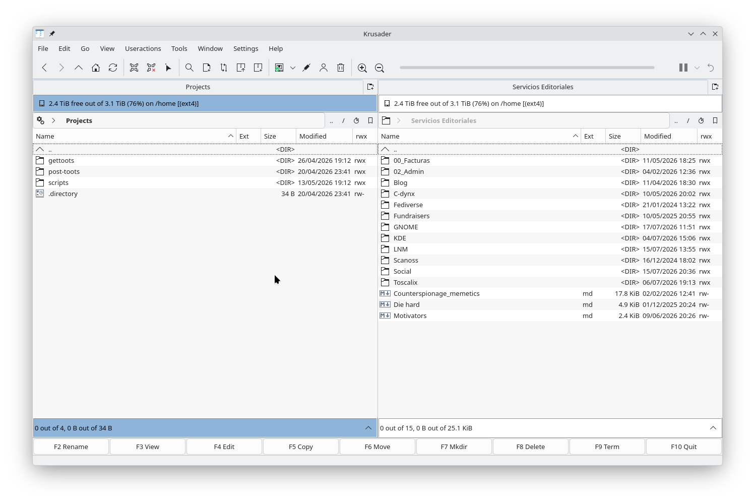 Krusader showing a classic two-panel view of two different directories.