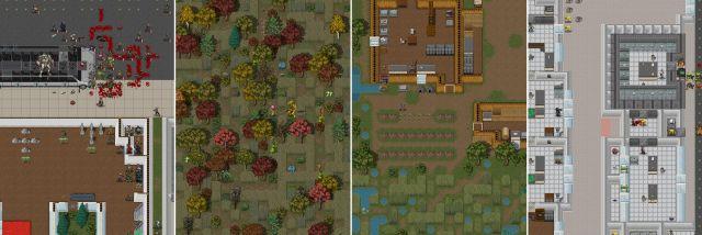 🕶️ A bird's eye view of 4 different examples of scenes/biomes, showing the kind of scenes the player can expect, with violence, zombies, blood, difficulties, all with very neat atmospheres, sounds and graphics.

📚️ Cataclysm: Dark Days Ahead (CDDA) is a fork of Cataclysm, and a libre and multi-platform roguelike with a difficult and very original gameplay based on day-to-day survival. CDDA is much more than just a zombie game. The player tries to survive (management of hunger, thirst, disease, ..., and he can cultivate, craft, build shelters, vehicles, ...) in a persistent and procedurally generated post-apocalyptic world invaded by monsters - all more dangerous and nightmarish. It is played with a ncurses or graphical (tile-based) interface.