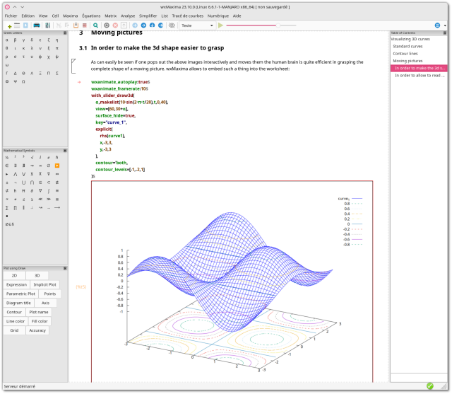 🕶️ A view of its UI with an animated 3D curve (with formulas and commands to launch) provided in the examples (help menu under the UI). 

📚️ Maxima (MAC's Symbolic Manipulator) is a libre, multi-platform formal calculation tool derived from Macsyma software, and before that from MAC (1968) developed by the MIT. wxMaxima is an interface for Maxima. The latter allows the manipulation of symbolic and numerical expressions, such as differentiation, integration, Taylor series, Laplace transforms, ordinary differential equations, systems of linear equations, polynomials, sets, lists, vectors, matrices and tensors. It produces high-precision numerical results using exact fractions, integers of arbitrary precision and floating-point numbers of variable precision, and can plot functions and data in 2D and 3D.