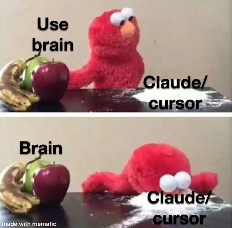 A meme where the first image is Elmo choices between fruit an cocaine where the fruit is "use brain" and cocaine is "Claude/cursor" second image Elmo consuming cocaine(Claude/cursor)