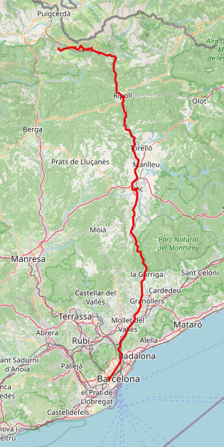 An openstreetmap rendering of eastern spain showing as a red track the route we took by bus from Latour de Carol to Barcelona.