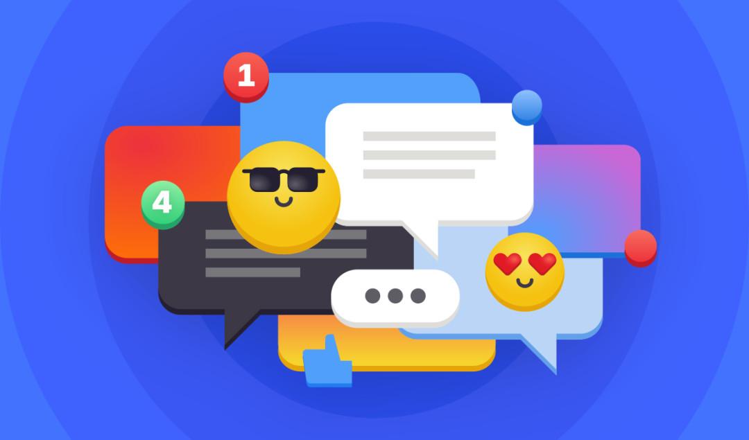 Image with many colorful speech bubbles, on a blue background. There are emojis there as well.