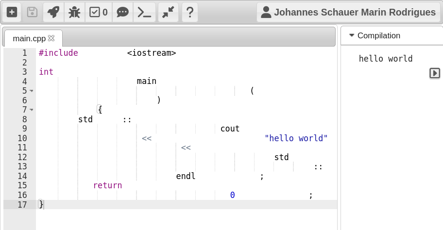 A screenshot of a browser showing the Virtual Programming Lab (VPL) running inside the teaching platform moodle. It shows the file main.cpp showing a classic C++ hello world program with a twist: too many spaces and line breakes are used to make the program look horribly garbled.