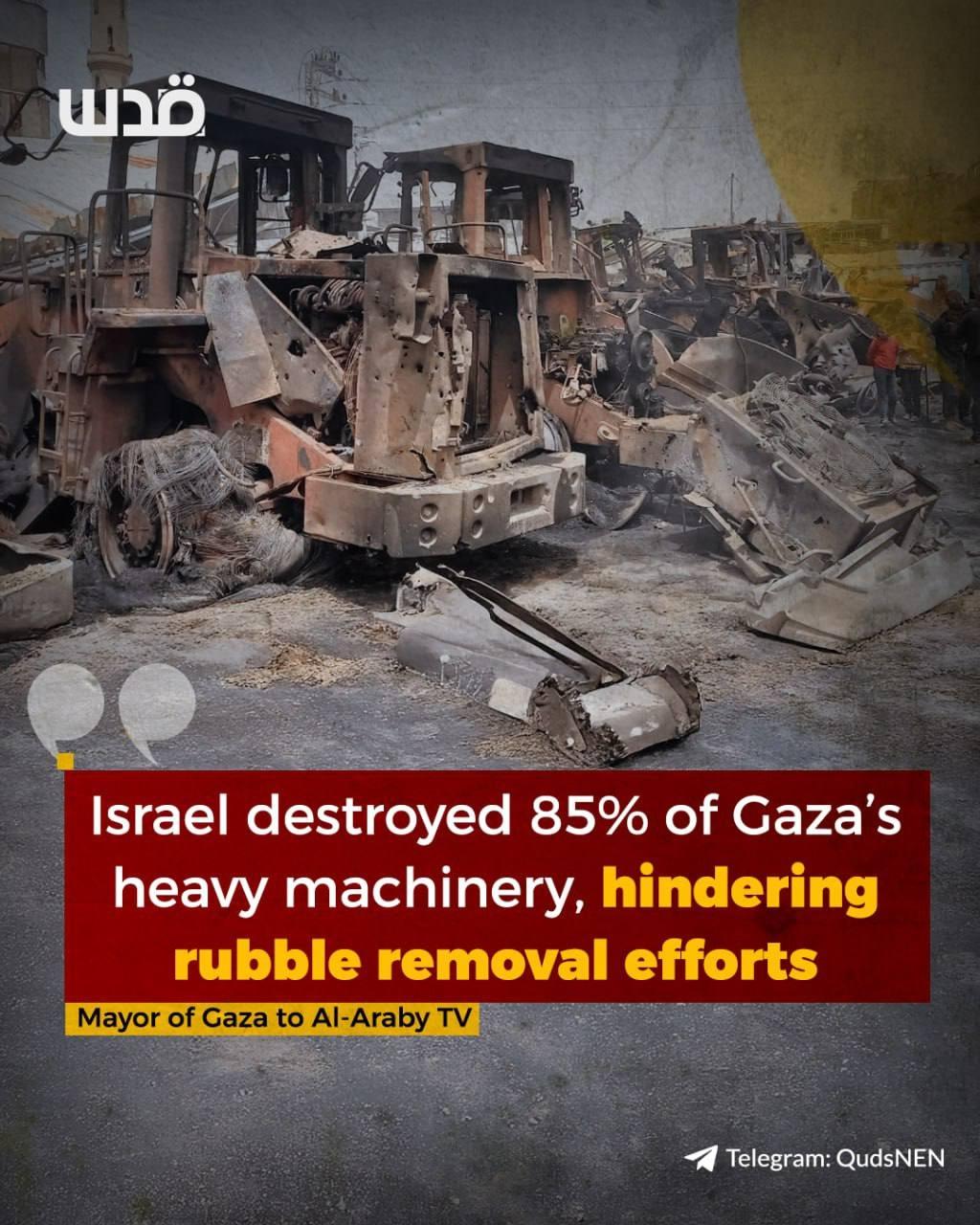 Israel destroyed 85% of Caza's heavy machinery, hindering rubble removal efforts Mayor of Gaza to Al-Araby TV
(from Quds news)