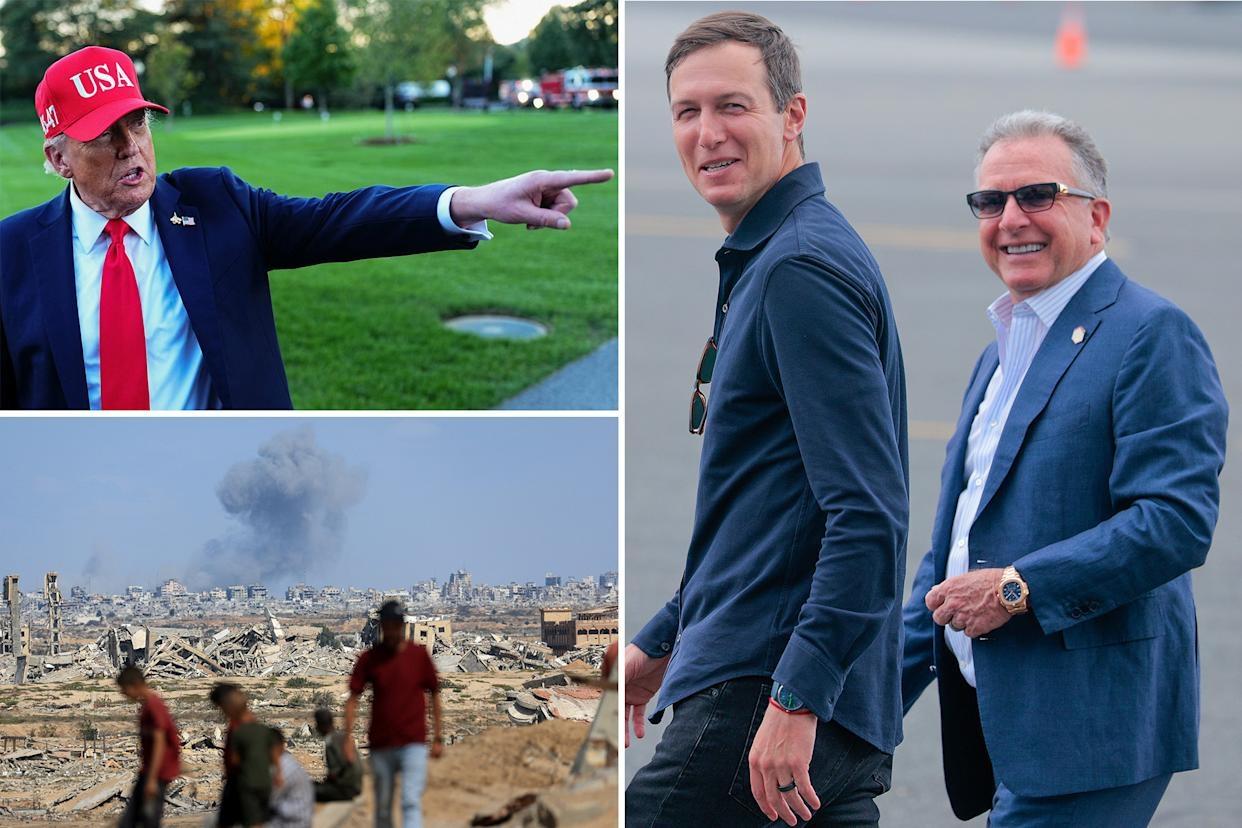 pictures of Trump golfing 
Witkoff and Kushner
and Palestiniana walking with Israel bombing Gaza in the background