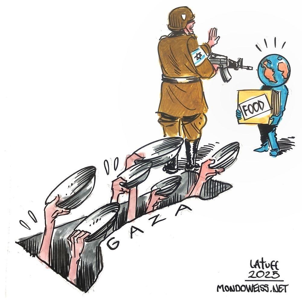 cartoon of an soldier in Nazi German clothes with Israeli arm patch stopping the earth carrying food while arms holding empty bowls sticking out of a pit marked Gaza