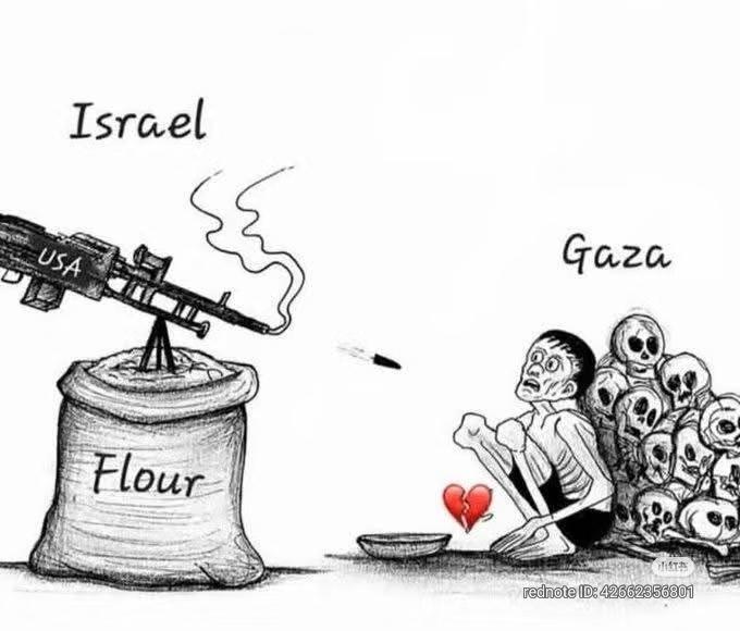 cartoon of a severely malnourished man sitting with his back covered with skeletons while a machine gun with USA text on sitting on a bag of flour with the text Israel above it.