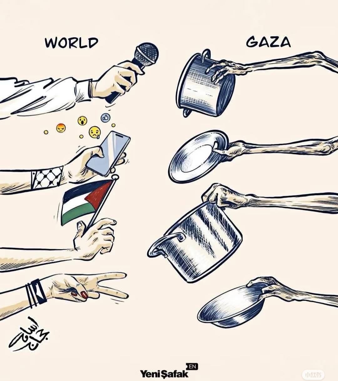 cartoon of world on one side with microphone, mobile phone, Palestine flag V sign and 
on Gaza side malnourished arms holding empty pots and plates