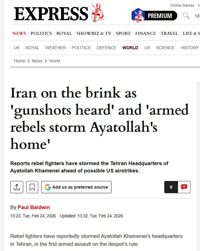 Iran on the brink as 'gunshots heard' and 'armed rebels storm Ayatollah's home'
Reports rebel fighters have stormed the Tehran Headquarters of Ayatollah Khamenei ahead of possible US airstrikes.

By Paul Baldwin
13:23, Tue, Feb 24, 2026 Updated: 13:32, Tue, Feb 24, 2026
Rebel fighters have reportedly stormed Ayatollah Khamenei's headquarters in Tehran, in the first armed assault on the despot's rule.