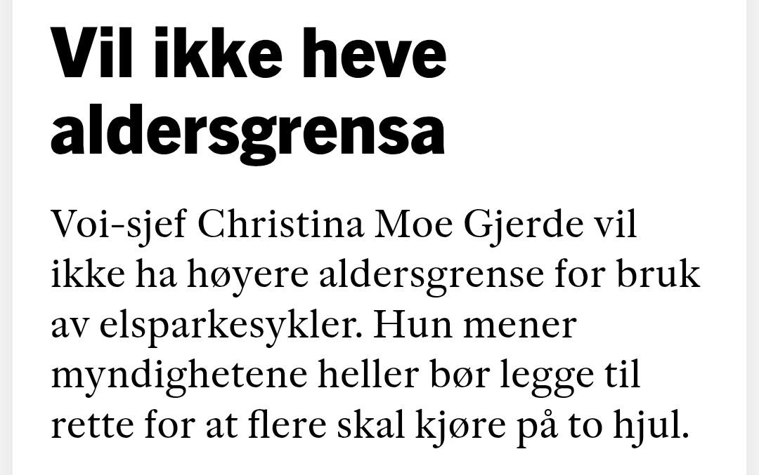 Klipp fra Klassekampen med overskrift "Vil ikke heve aldersgrensa" og ingressen "Voi-sjef Christina Moe Gjerde vil ikke ha høyere aldersgrense for bruk av elsparkesykler. Hun mener myndighetene heller bør legge til rette for at flere skal kjøre på to hjul."