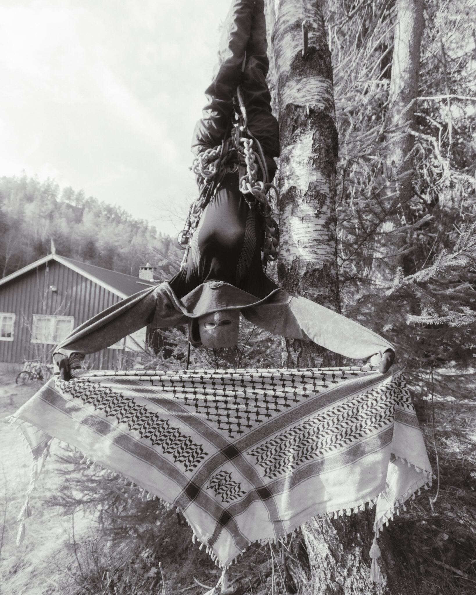 A person is hanging upside down from a birch tree. The person is equipped with climbing harness and rope. The person is holding a palestinian kefiyeh, pointing to the fact that explosives produced by Chemring Nobel have been found in US-produced hellfire missiles used by Israel in their genocide against Palestinians. In the background the squatted house is visible