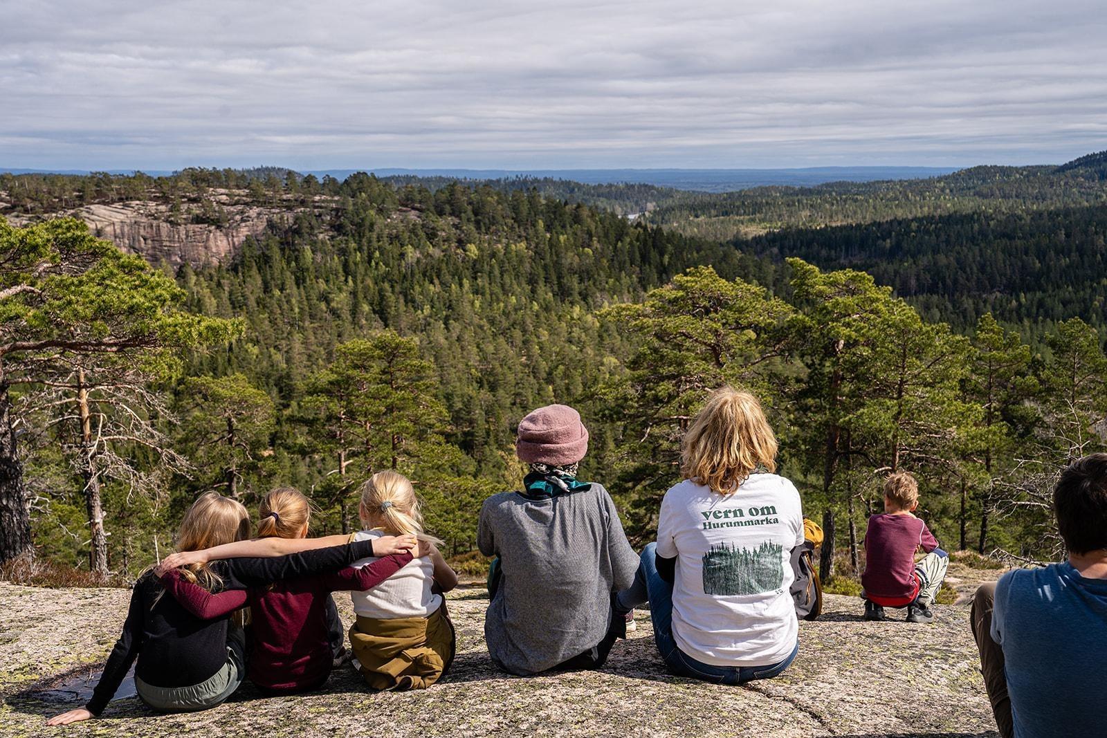 Seven people sitting on a stone hill, looking out over a pine forest. Their backs are facing against the camera.