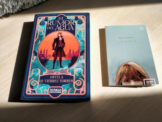 Foto de los libros "El rumor del agua" y "La niebla", de Estela Gutiérrez, encima de un escritorio.