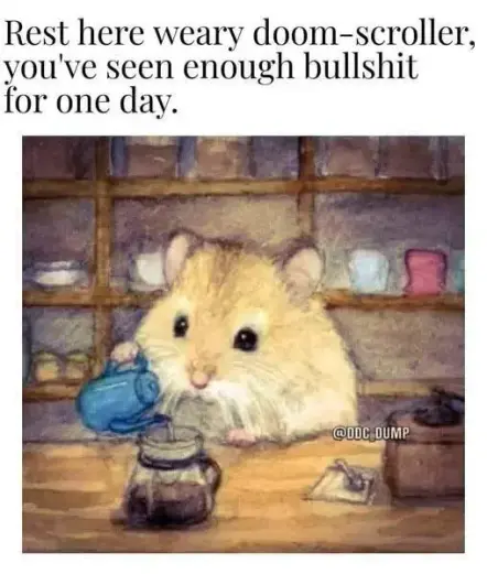 Illustration: a little mouse is brewing coffee(?) on the kitchen table.
Text: "Rest here weary doom-scroller, you've seen enough bullshit for one day,"