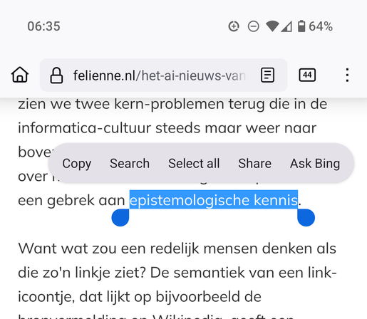 A highlighted piece of text with the "cut and paste" tooltip above it.

There's a new "Ask Bing" entry.