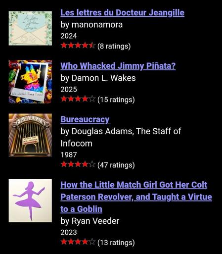 A screenshot of games on IFDB sorted by average rating. My game, Who Whacked Jimmy Piñata?, appears just above Douglas Adams' Bureaucracy (albeit based on only about a third as many ratings).