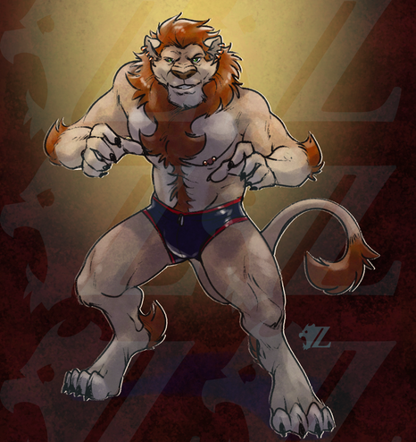 Rexoroth, a fit and muscular male lion, stands ready to wrestle with the viewer. He has traditional lion colors, including a short, tawny pelt with a bright orange/red mane around his head, down his chest and belly, as well as on his elbows, ankles, and the tip of his tail. His piercing green eyes stare the viewer down as he smirks playfully, not taking this bout too seriously. He wears a pair of black trunks with red trim on the waist and thigh holes.