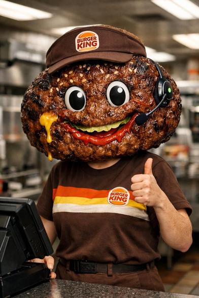 editorial photograph for fast food industry trade magazine, 4k uhd, a female burger king mascot character called patty standing in a burger king restaurant behind the counter during lunch rush. her head is a massive realistic flame-grilled beef patty approximately 20 inches across, greasy and charred with visible grill marks, slightly drooping on one side, melted american cheese oozing down her neck like sweat. cartoon eyes and a rictus ketchup smile on the meat face. she wears a small black wireless headset with a glowing green indicator light clipped to the edge of the patty. her body is a normal human female body wearing the burger king retro brown uniform with the orange-red-white horizontal racing stripe across the chest, brown burger king visor, brown pants, name tag that reads PATTY. she is holding a whopper in one hand and gesturing welcomingly with the other. harsh overhead fluorescent lighting, real burger king interior with menu boards visible behind her, slightly dirty tile floor. photorealistic, shot on sony a7r iv 85mm f1.4, shallow depth of field background blur. sesame seeds embedded in the surface of her patty head like freckles. the vibe is deeply unsettling corporate friendliness, like if mayor mccheese worked at burger king and was being monitored by AI for friendliness compliance. condensation on the meat surface. one sesame seed is falling off.