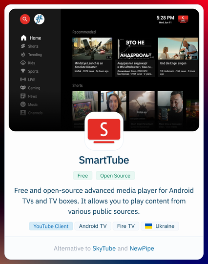 SmartTube interface shown on a screen, featuring media categories like Shorts and Trending, promoting its open-source TV app functionalities.