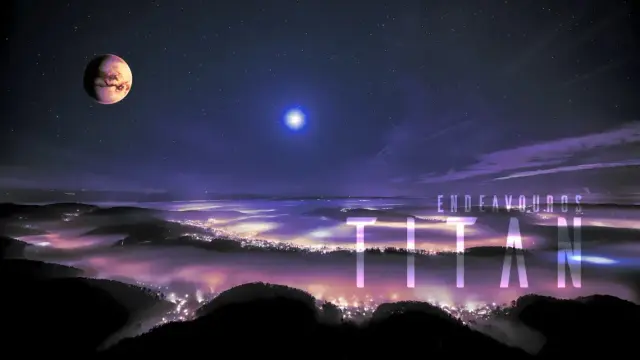 A cosmic landscape features a glowing planet and bright star above a misty valley illuminated by city lights, with "EndeavourOS Titan" text.