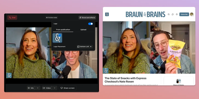 Two smiling hosts in a studio setting discuss a snack product while using a recording interface showing branding options and logos.