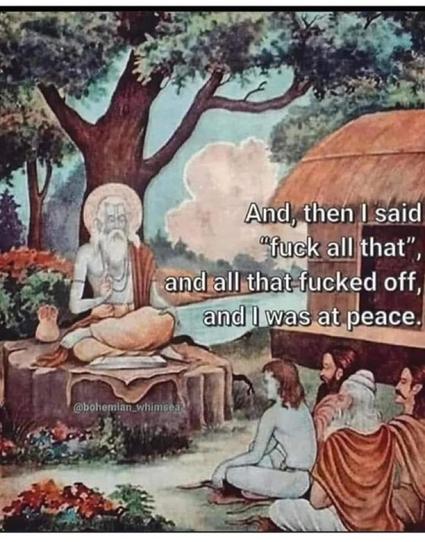 By @bohemian_whimsea
Beautiful illustration in rich muted colours, of a serene guru-type figure with a white beard and a halo sitting cross-legged under a tree, with a backdrop of a thatched-roof hut and a peaceful lake, addressing a group of acolytes. The caption reads "And then I said "fuck all that", and all that fucked off, and I was at peace."