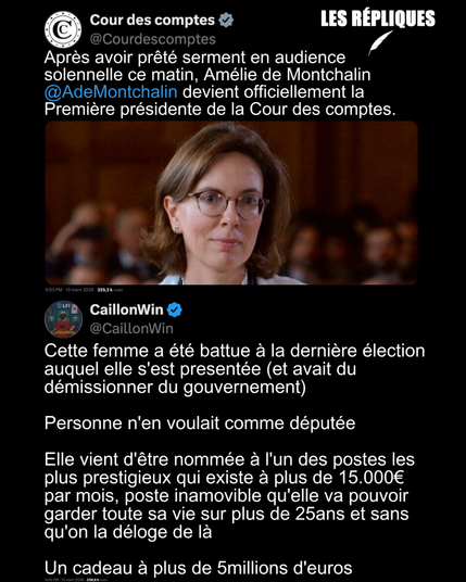 Hier, @AdeMontchalin est devenue la nouvelle présidente de la Cour des comptes. L'ex ministre Macroniste a remercié la président Macron pour sa présence lors de son investiture
Réplique de CaillonWin : Cette femme a été battue à la dernière élection auquel elle s'est presentée (et avait du démissionner du gouvernement)
Personne n'en voulait comme députée
Elle vient d'être nommée à l'un des postes les plus prestigieux qui existe à plus de 15.000€ par mois, poste inamovible qu'elle va pouvoir garder toute sa vie sur plus de 25ans et sans qu'on la déloge de là
Un cadeau à plus de 5millions d'euros