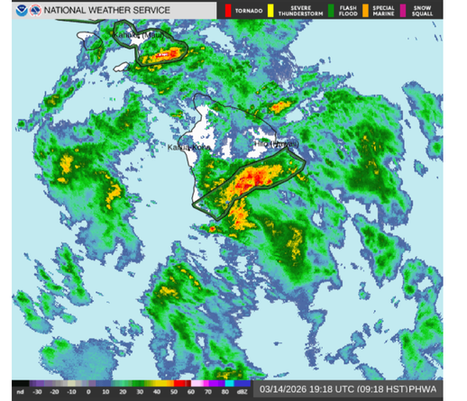 A radar map of Hawai'i Island showing a large storm over most of the island.