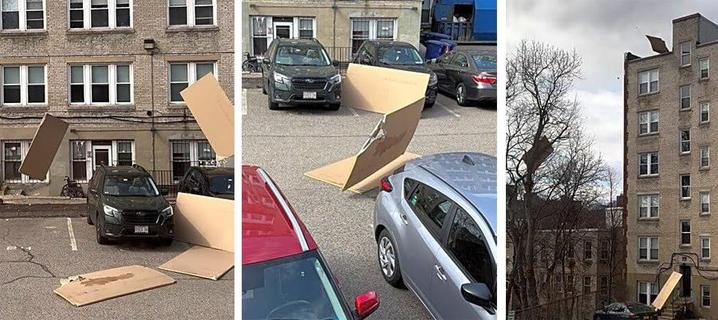 Sheets of building material plummeting to the ground