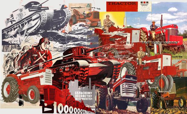 a digital collage showing a mixture of tank-based propaganda from WWII and tractor marketing materials from the post-war period.