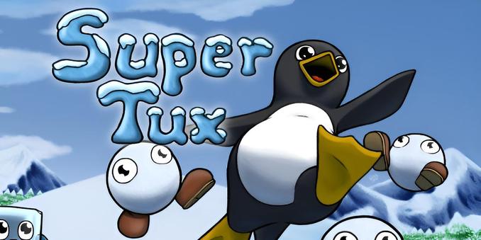 A cheerful penguin character, surrounded by small round creatures, is depicted against a snowy landscape with mountains, and the text "SuperTux".