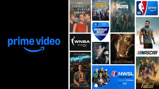 The collage features various shows and sports events available on Prime Video, highlighted by the logo in blue.