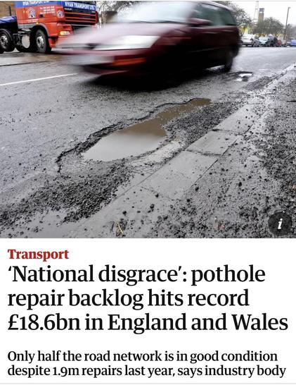 Screenshot of top of article

RYAN TRANSPORT LTD
Transport
'National disgrace: pothole
repair backlog hits record
£18.6bn in England and Wales
Only half the road network is in good condition
despite 1.9m repairs last year, says industry body