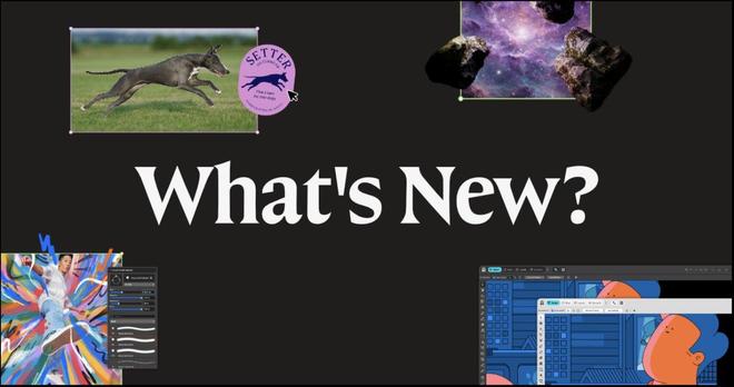Dynamic design elements showcase new features in a dark-themed UI, including graphics, a dog, and colorful brush tools, with the text "What's New?" in the center.