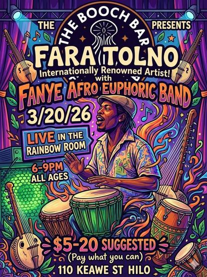 a colorful AI-generated flyer for "fara tolno with fanye afro euphoric band" performance in hilo this coming friday.