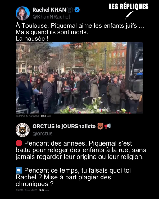 Le député et candidat au second tour des municipales à Toulouse François Piquemal a assisté hier à la commémoration de l'attentat de mars 2012. Mais pour la polémiste d'extrême droite Rachel Kahn l'élu LFI aime "les enfants juifs morts"
Réplique de Orctus : 🔴 Pendant des années, Piquemal s’est battu pour reloger des enfants à la rue, sans jamais regarder leur origine ou leur religion.
➡️ Pendant ce temps, tu faisais quoi toi Rachel ? Mise à part plagier des
chroniques ?