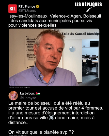 Dimanche dernier, Philippe Janicot a été réélu maire de Boisseuil avec 51% des voix, malgré sa mise en examen pour viol, sa garde à vue et sa remise en liberté sous contrôle judiciaire
Réplique de La babos : Le maire de boisseuil qui a été réélu au premier tour est accusé de viol par 4 femmes, il a une mesure d'éloignement interdiction d'aller dans sa ville ☠️ donc maire, mais à distance...
On vit sur quelle planète svp ??