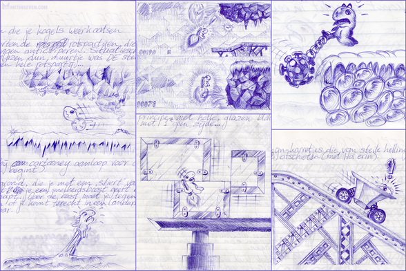 A selection of ballpoint sketches of game ideas on ruled paper.