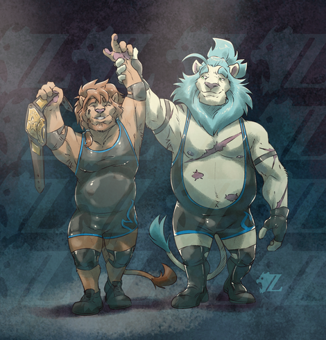 A picture of two male anthropomorphic lions in pro wrestling gear. On the left is Sir Mathias Byrne, a younger, russet-colored lion with a short mane and trimmed beard. He lifts up a championship belt as he smiles bashfully to the camera, eyes squinted closed. On the right is Zeiros, an older white lion with a blue mane and scars about his body. He is holding up Mathias's other hand, a gentle and proud smile on his face. They are both wearing black singlets with blue trim and a flame motif on the left thigh, as well as black boots, shoes, and other accessories.